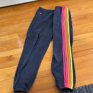 Aviator nation five stripe sweatpants in HEATHER NAVY // NEON STRIPES size L